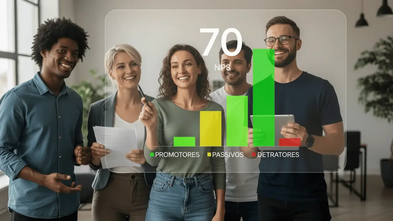 Pessoas vendo uma tela transparente om números e gráficos.