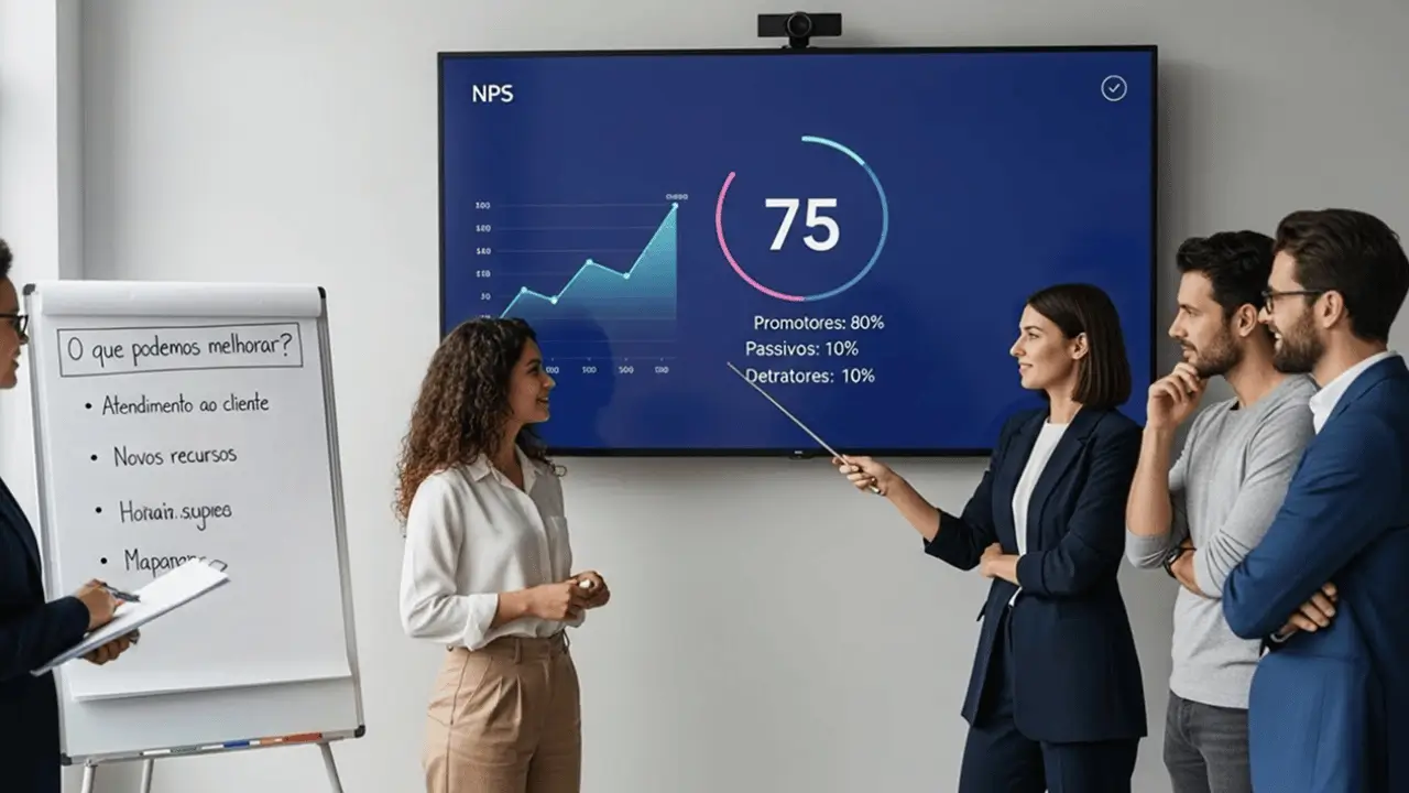 Pessoas em reunião olhando para uma tela de tv com números e gráficos.