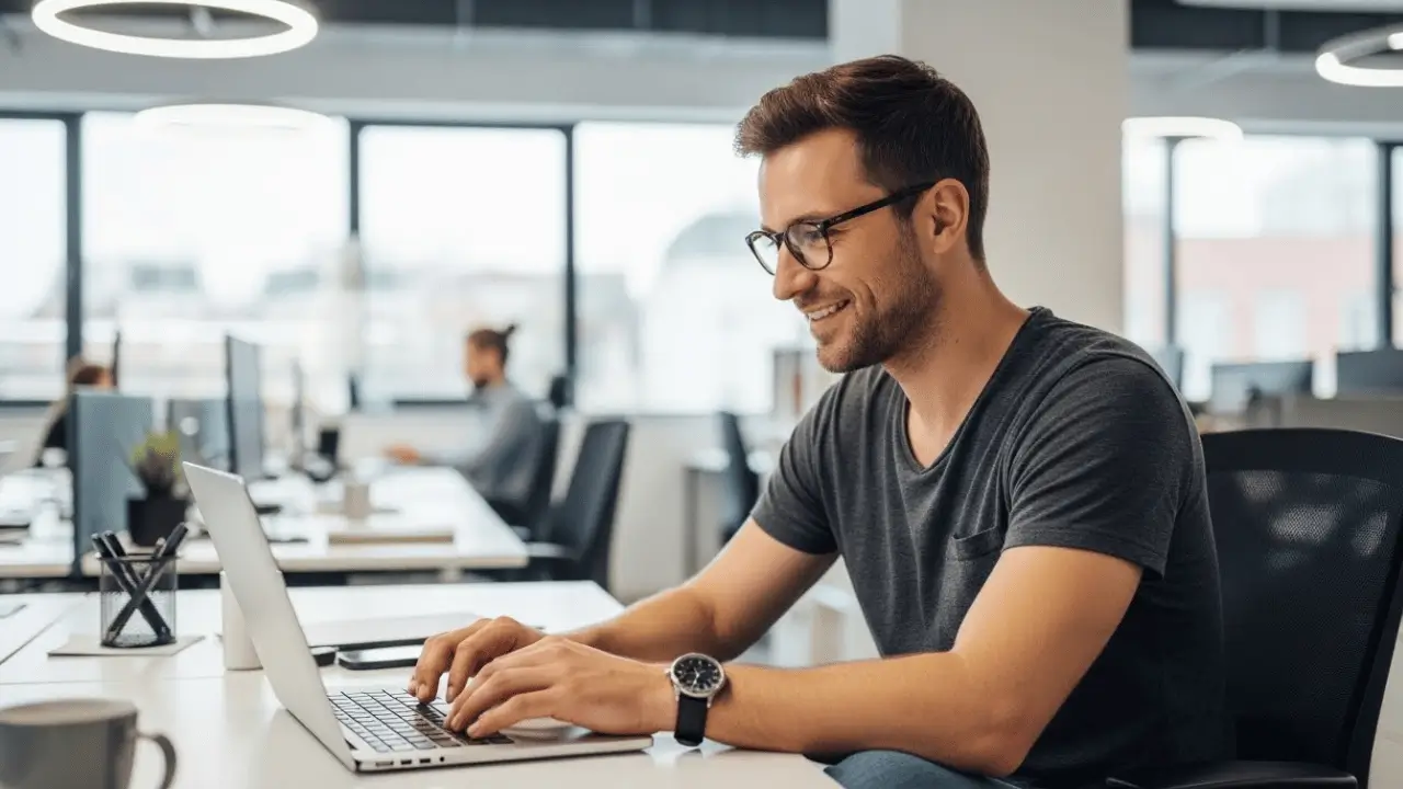 Homem branco trabalhando em notebook.