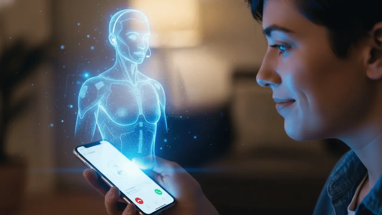 Mulher com celular e um holograma de robô saind da tela