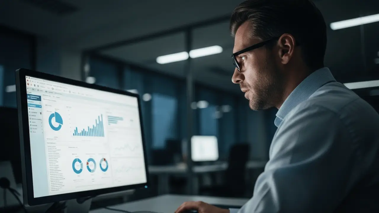 Homem analisando ferramentas administrativas