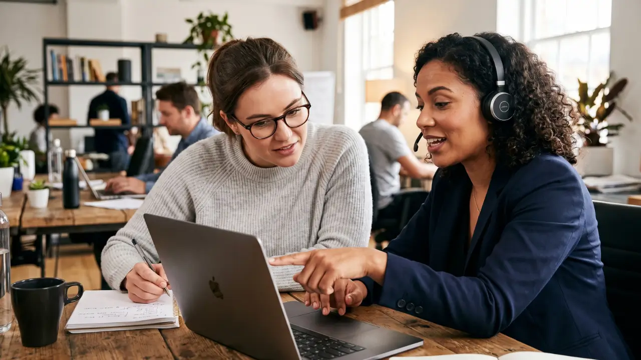 img 1 crm integrado l5 networks duas mulheres em ambiente de trabalho analisando dados em notebook e fazendo anotações em um caderno