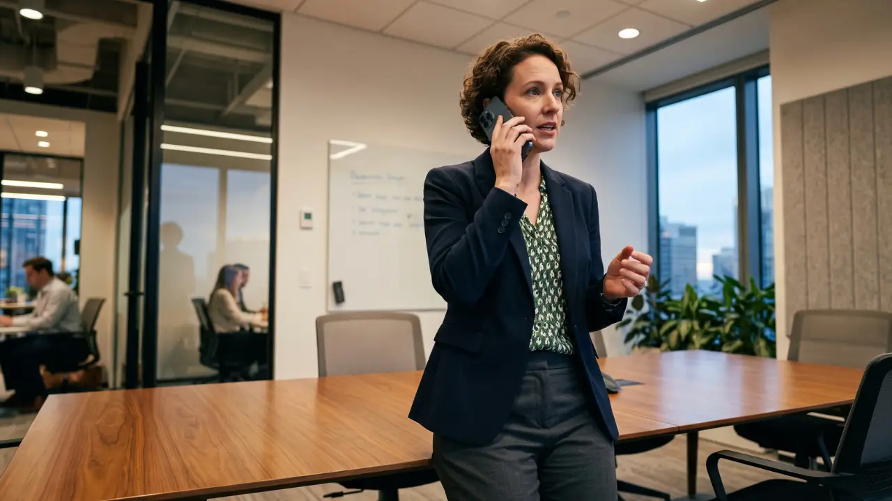 img 2 header crm integrado l5 networks mulher em ligação telefonica pelo smartphone no ambiente de trabalho