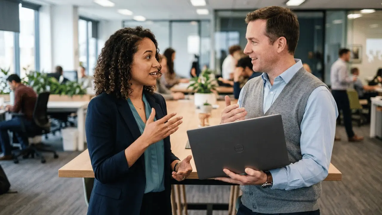 img comunicacao empresarial l5 networks 2 Homem e mulher conversando em ambiente de trabalho