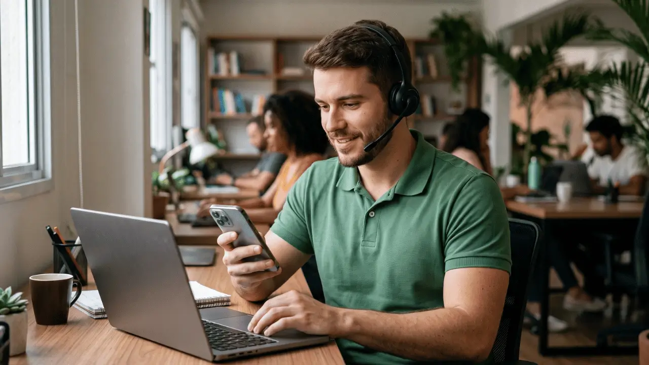 img a whatsapp banido por spam l5 networks homem mexendo no smartphone e usando notebook com headphone