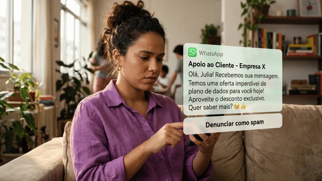 img b whatsapp banido por spam l5 networks mulher recebendo mesangem no whatsapp e pensando em denunciar como spam